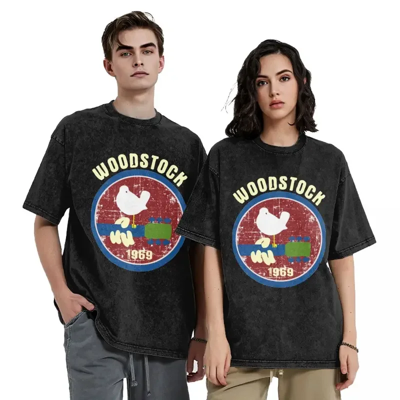 Ws Woodstock-Vintage masculino e feminino lavado camiseta de manga curta, tops de hip hop, streetwear Harajuku, camisas de verão, 1969