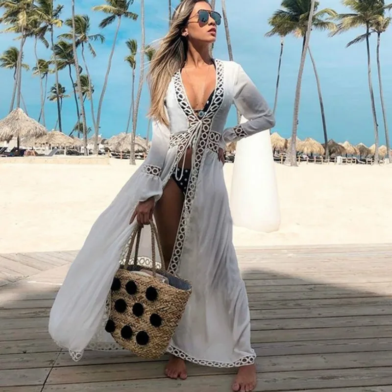 TEELYNN Sexy z głębokim dekoltem w szpic białe koronkowe sukienki damska suknia Kimno Kaftan 2023 w stylu Vintage letnie Bikini zakrywają Boho