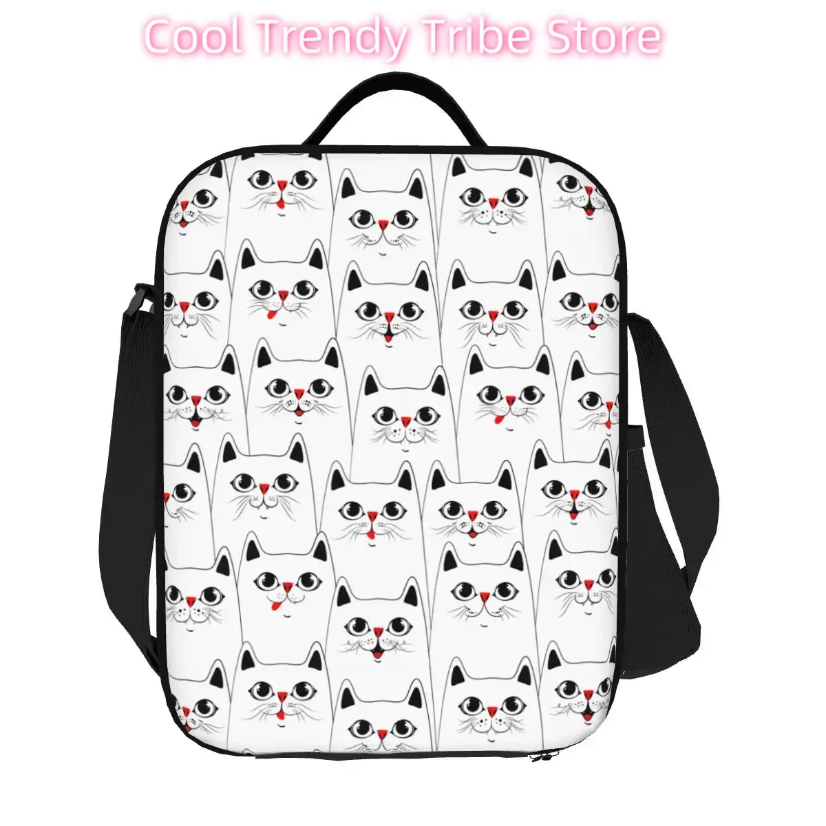 

Custom Funny Cats Pattern Insulated Lunch Bag for Women Cartoon Kitten Thermal Cooler Lunch Tote Beach Camping Travel