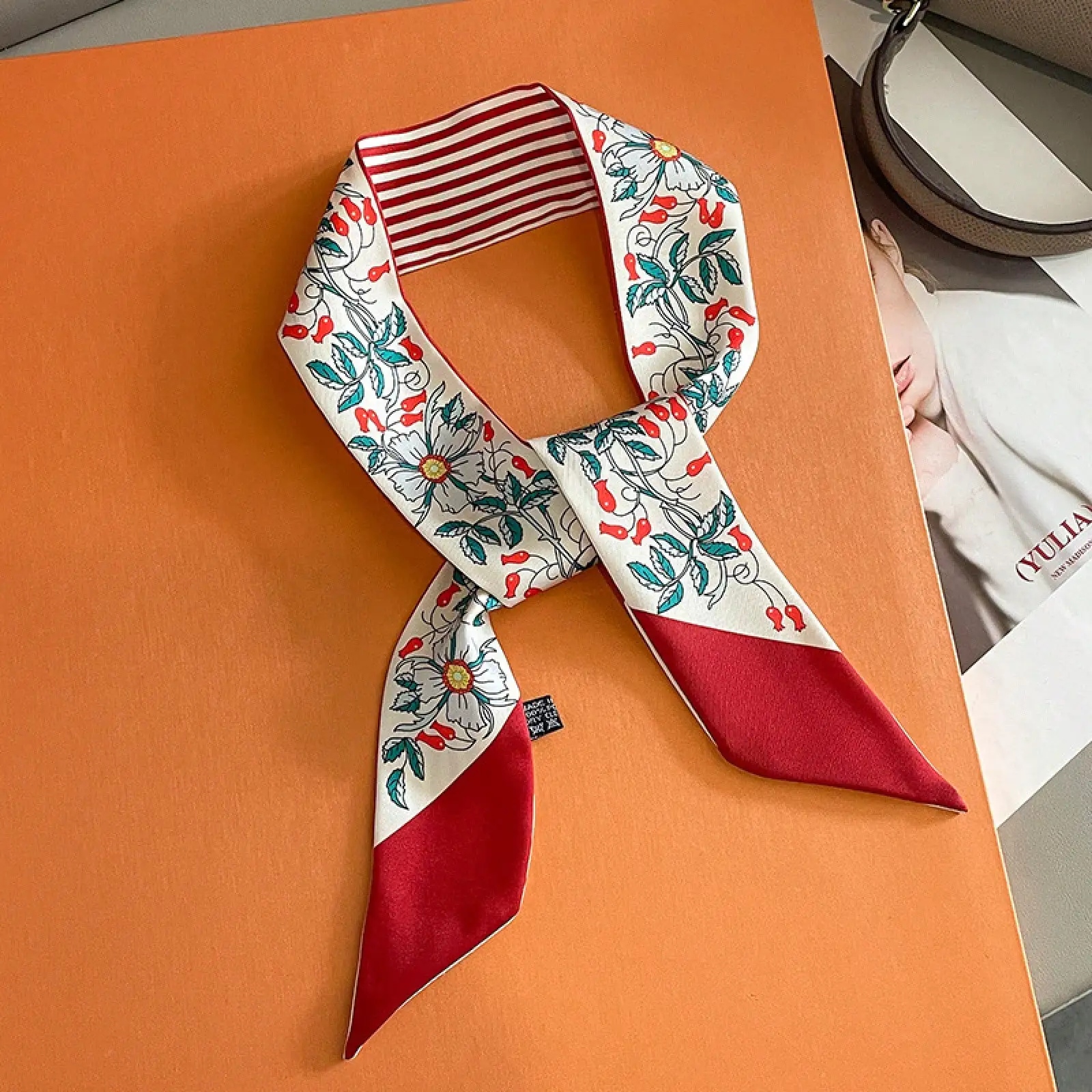 

Spring And Autumn Artistic Floral Patterned Thin Long Silk Scarf For Women, Hairband, Decorative Neck Scarf, Ribbon For Wrapping Bag Handles