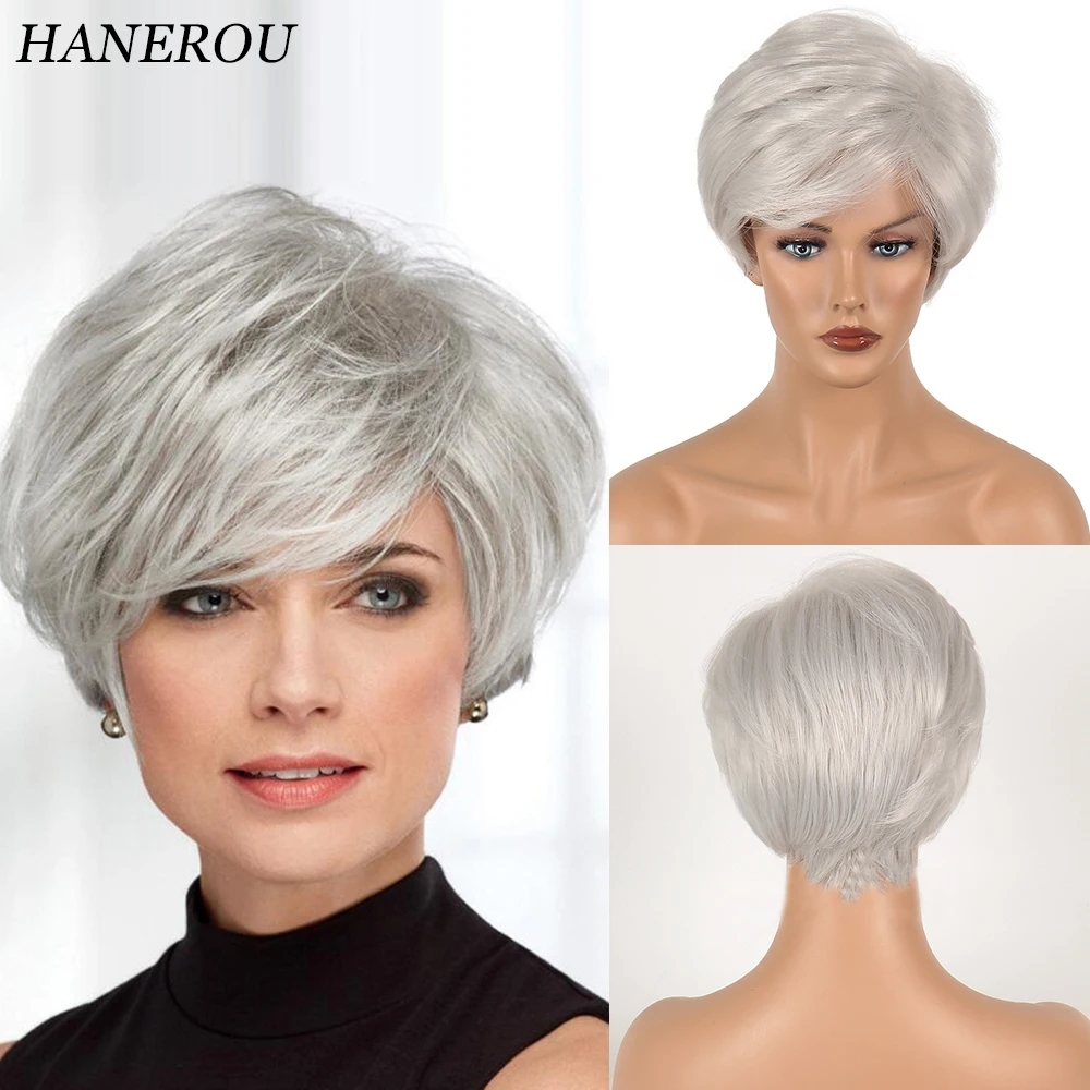 HANEROU Silvery White Short Straight Wig Synthetic Fluffy Women Natural Haircut Hair Wig for Daily Party Cosplay