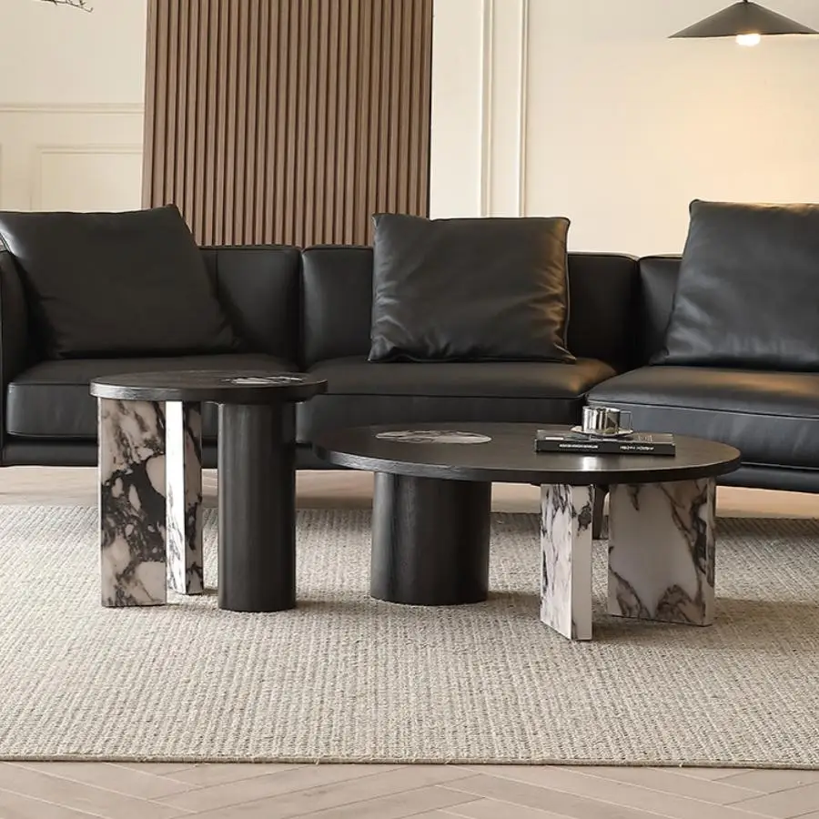 Meja Kopi Bundar Mewah 2025 - Meja Samping Minimalis dengan Permukaan Marmer Modern Italia untuk Ruang Tamu Kontemporer