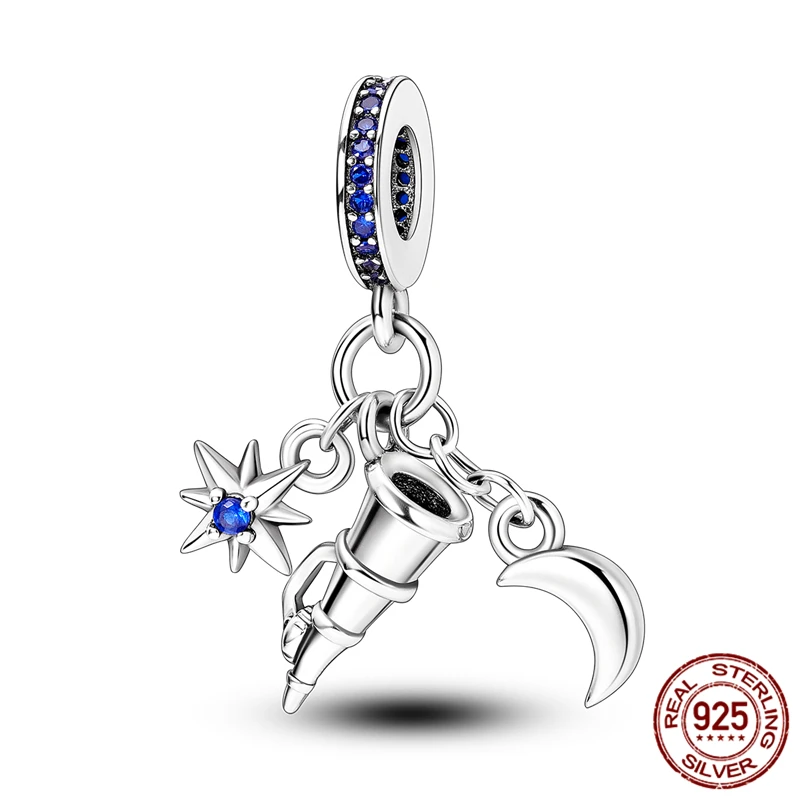 

925 Sterling Silver Star and Moon Pendant Beads, Inlaid with Zircon, Paired with an Original Bracelet, DIY Women's Jewelry Gift