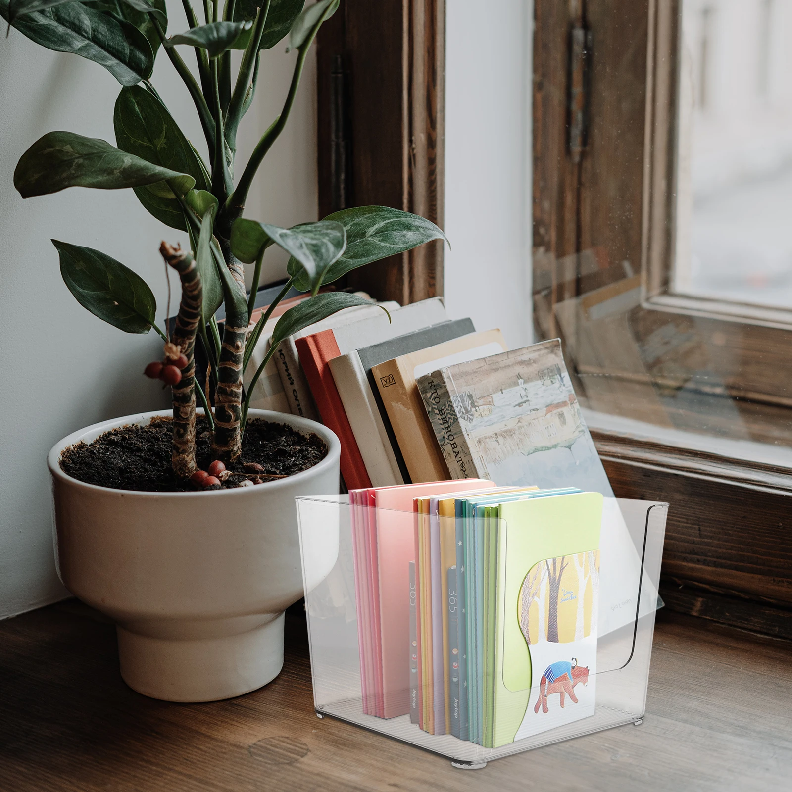 

Plastic Storage Container for Shelves Students Organizer Office Desk Bookshelf Magazine Holder Transparent