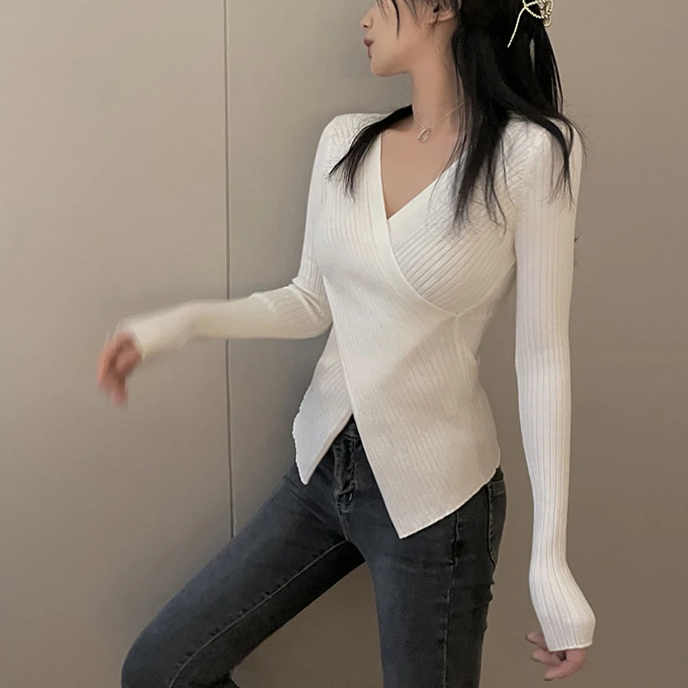

Criss-cross V Neck Slim Fit Rib-Knit Pullovers Shirt Women Stretchable Crisscross Wrap Sweater Black White Elastic Skinny Top