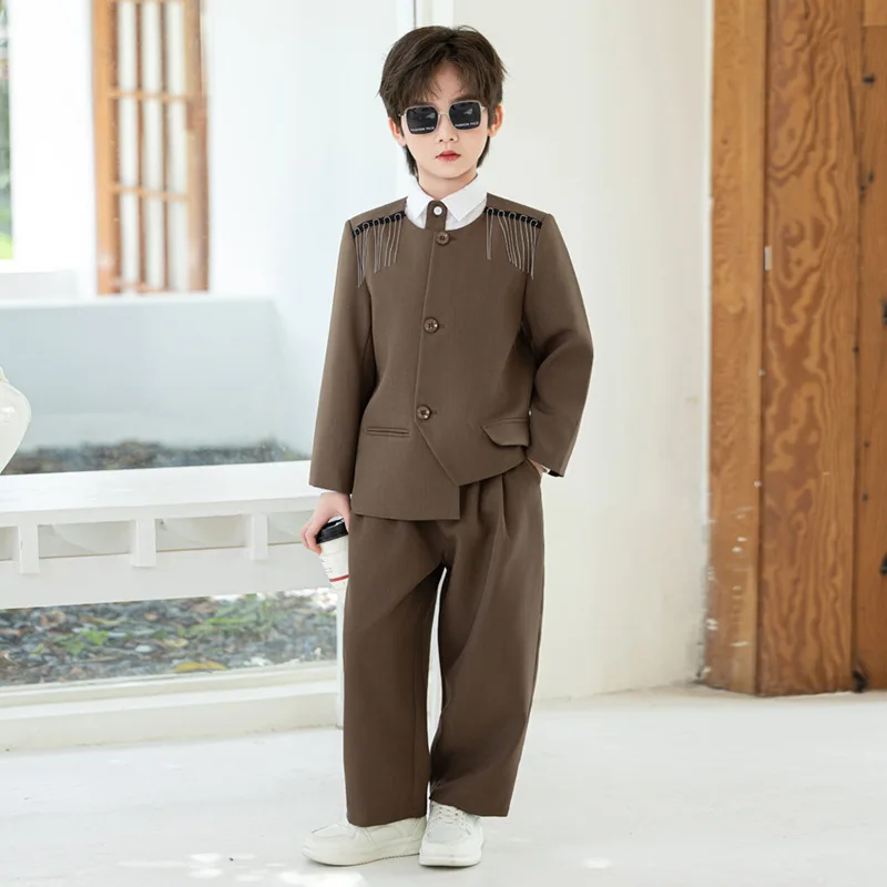 Boys Oriental Style Suit Set 2-Piece Fringe Epaulettes Mandarin Collar Loose Pants School Kids Stage Performance Costume 4-14Y