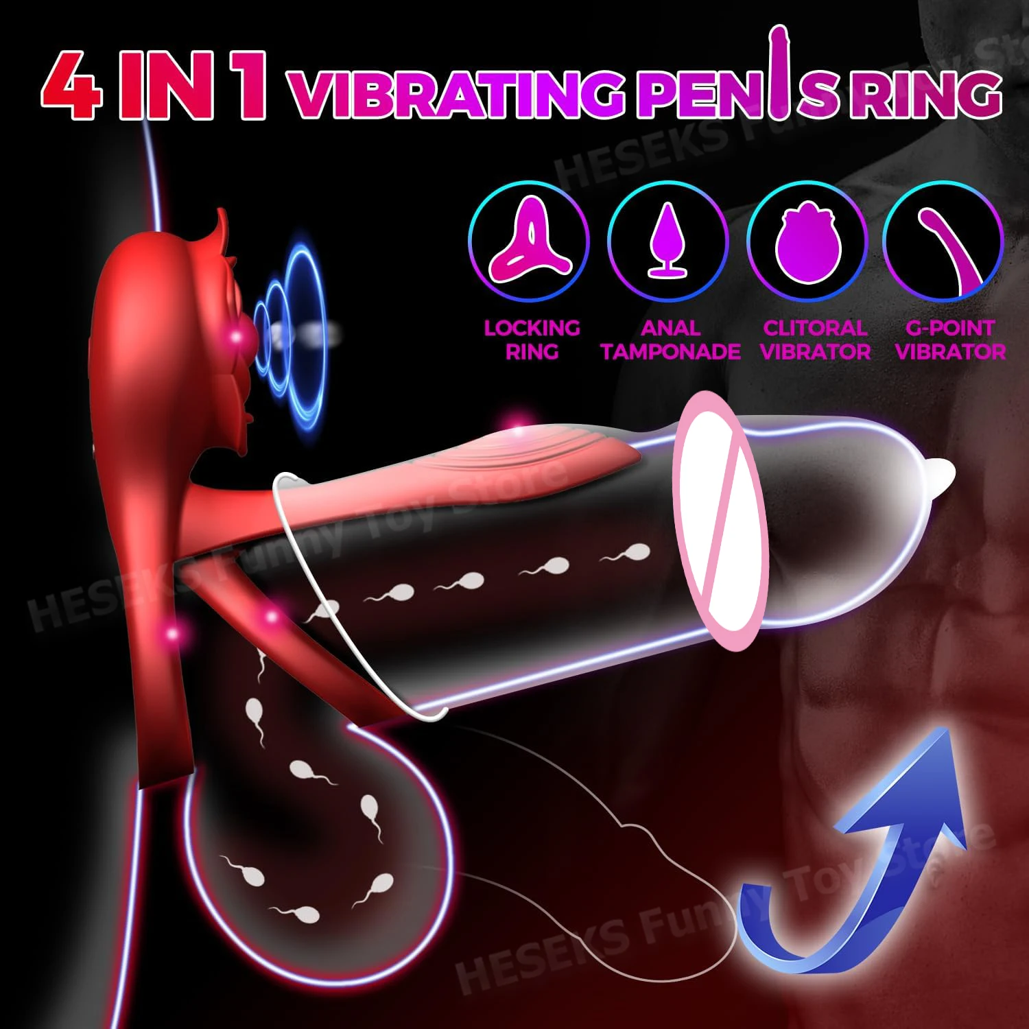 HESEKS 4 in 1 Vibrating Penis Ring Vibrator Cock Delayed Ejaculation Clitoral Stimulator Rose Sex Toy for Men for Couple