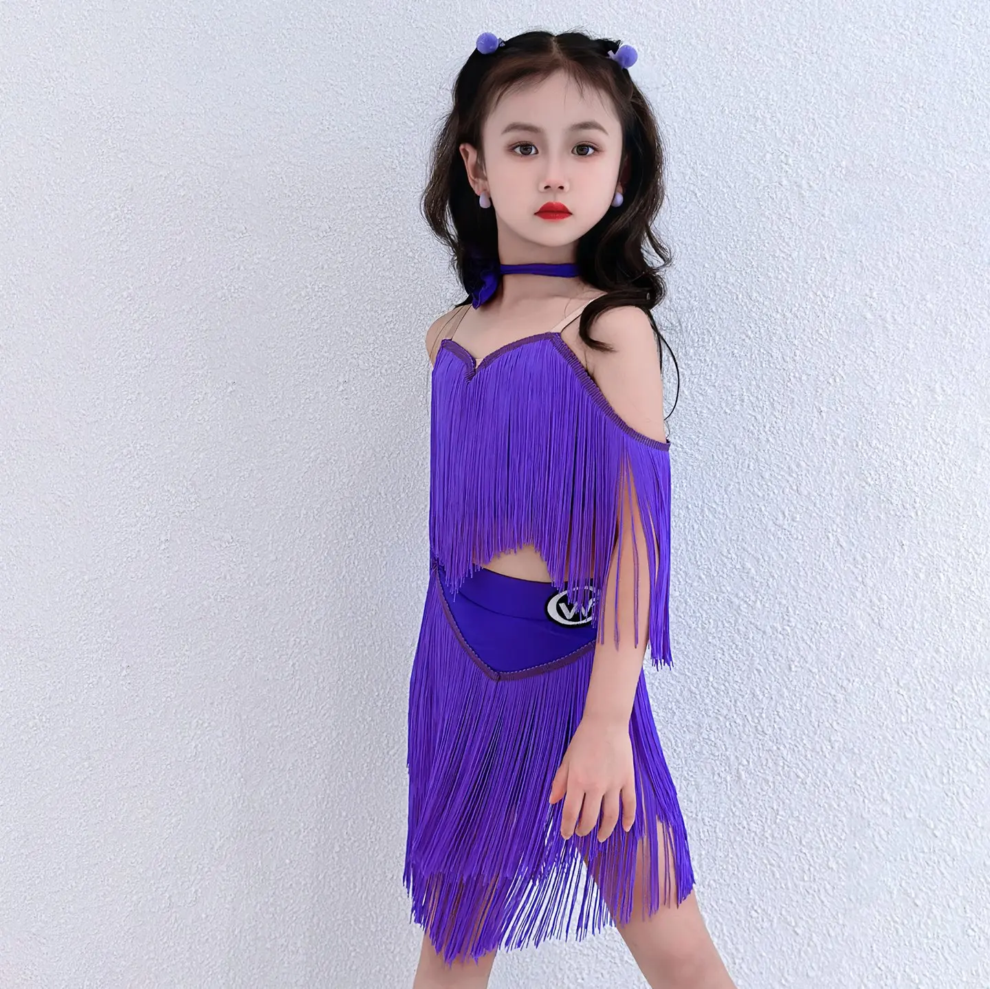 紫色のフリンジスーツ女の子ラテンダンスタッセル服子供チャチャラテンダンスパフォーマンス衣装ステージ着用 SL13279