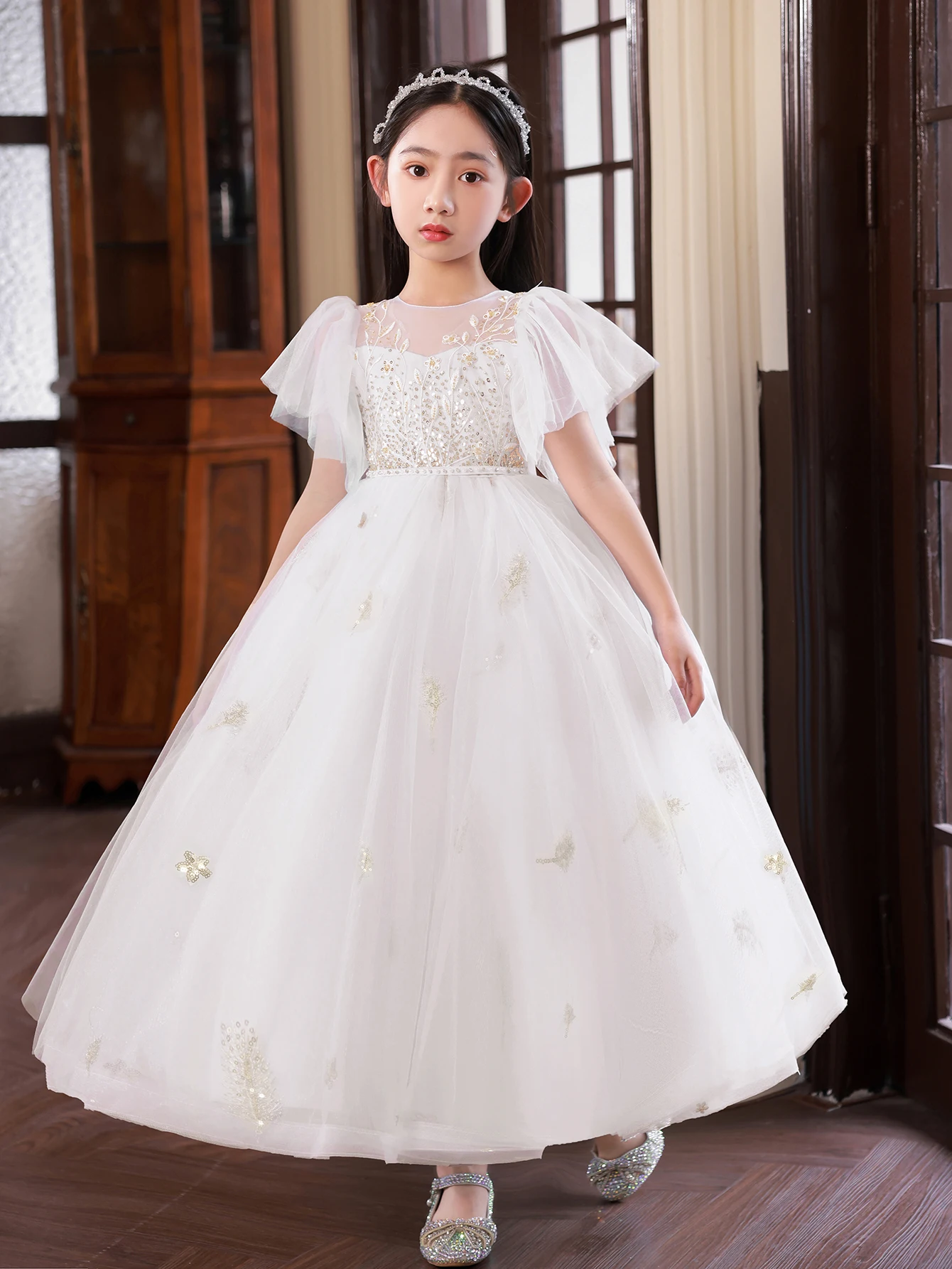 Children Ball Gowns Long Skirt Party Dress Flowers Clothes for Girls Wedding Party Gauze Dress