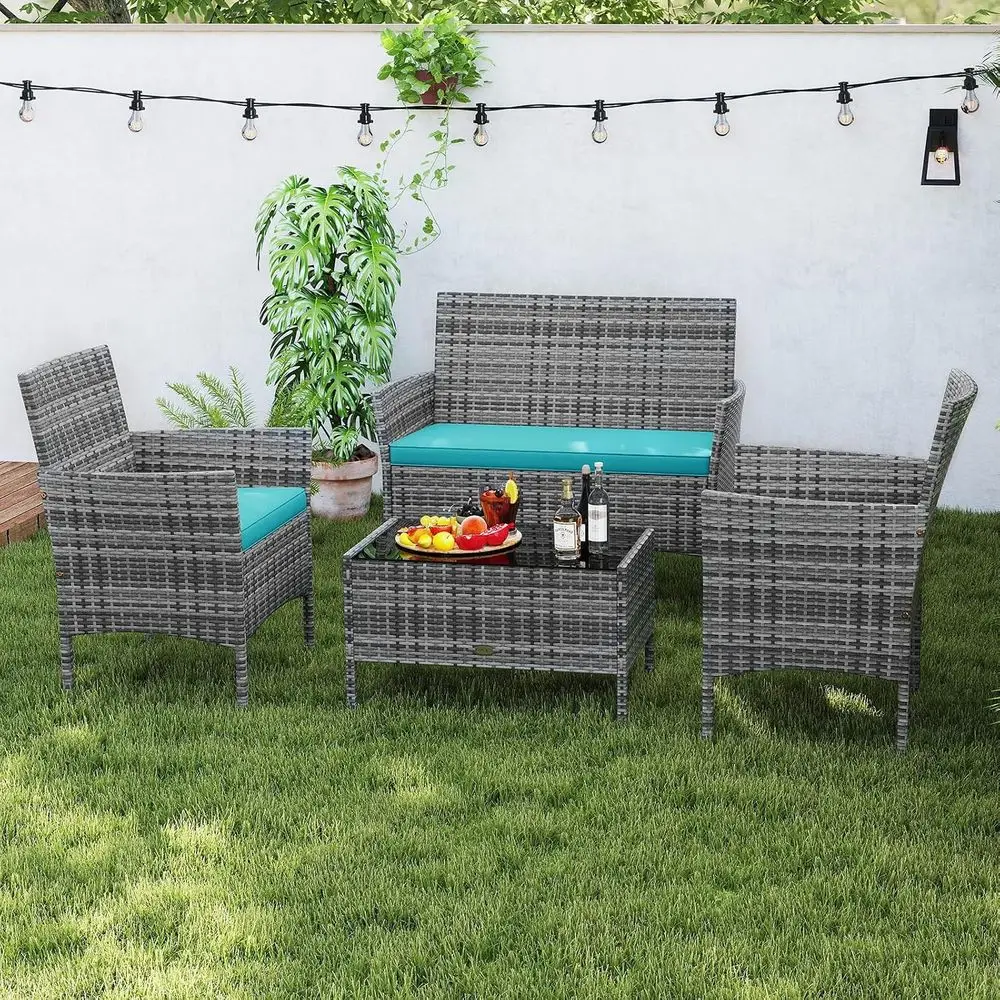 4-Piece Patio urniture Set - Rattan Outdoor Contion Bistro Set w/Cushions, Glass Coee Table, Wicker Chairs & Loveseat or Garden view 2