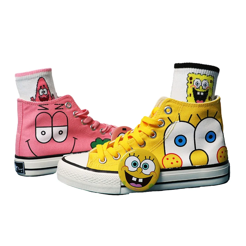 2024 Summer New yellow pink Student SpongeBob SquarePants High Top Canvas Cute Girl Cartoon big size man shoes women Shoes