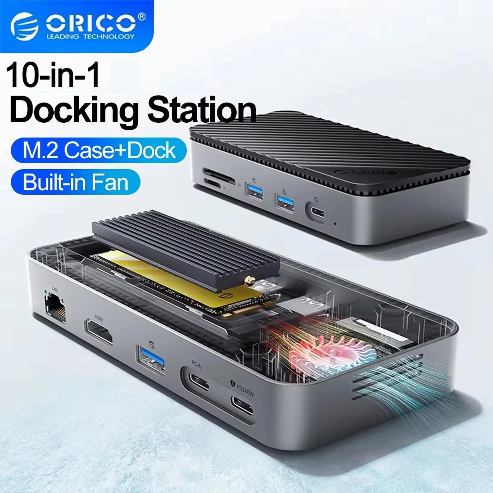 ORICO USB C HUB with Cooling Fan M.2 NVMe SATA SSD Enclosure External 10Gbps 4K@60Hz HDMI-Com RJ45 SD/TF Docking Station for PC