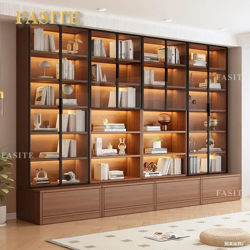 For Living Room Card Seat Bookcase with Glass Door Wine Cabinet Household Integrated Whole Wall Bookshelf Full Height Display