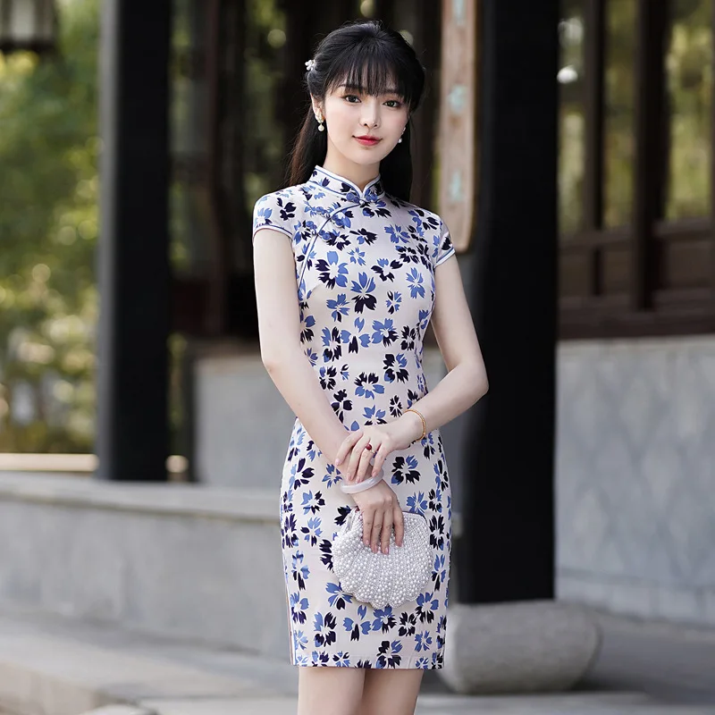 Summer High Quality Real Silk Stand Collar Young Catwalk Short Sleeve Improved Cheongsam Qipao Women's Dress