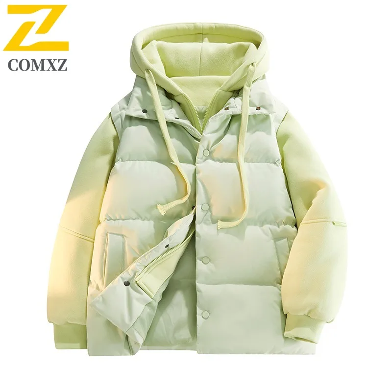 COMXZ 2025 Winter Mens Two Piece Style Thick Puffer Jacket Loose Fit Hooded Short Coat Fashion Outwear Long sleeve windbreaker