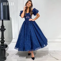 JEHETH Shiny Navy Blue Off Shoulder Prom Dresses Glitter Ankle Length Sweetheart Evening Gowns Puff Sleeve Backless Abendkleider