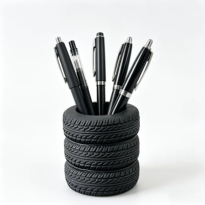 1PC Novelty Car Tire Design Pen Container Personalized Desktop Stationery Caddy Multi Functional Makeup Brush Storage Pot For Office Home Decor