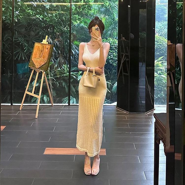 

7487 Spring Pure Desire Elegant White Hollow Braided V-Neck Backless Camisole Inner Bodycon A-Line Dress