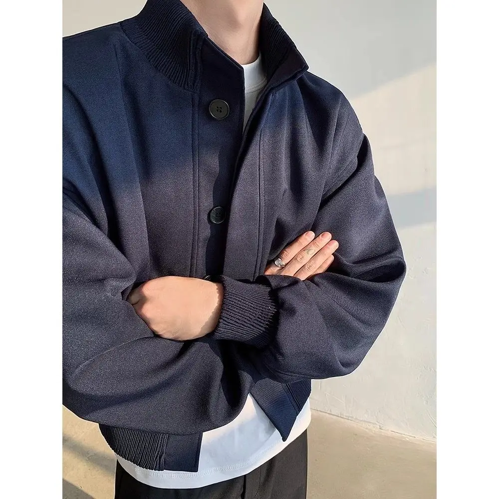 

Autumn and winter retro navy blue short, wide shoulder pad stand collar jacket design sense pilot American jacket trendy brand