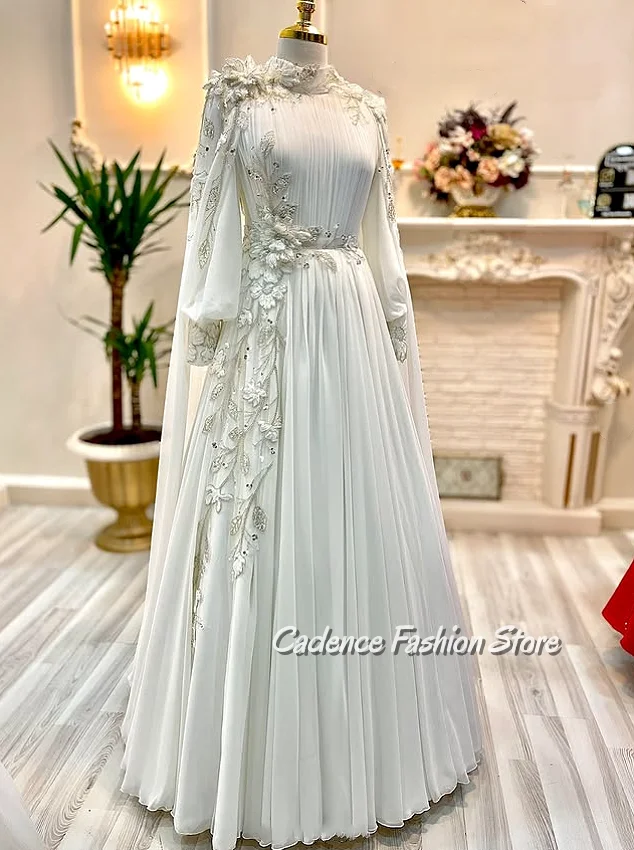 

Белое мусульманское свадебное платье А-силуэта с цветочным узором и вышивкой на высокой горловине, женское свадебное платье в пол, индивидуальный пошив, vestidos noivas