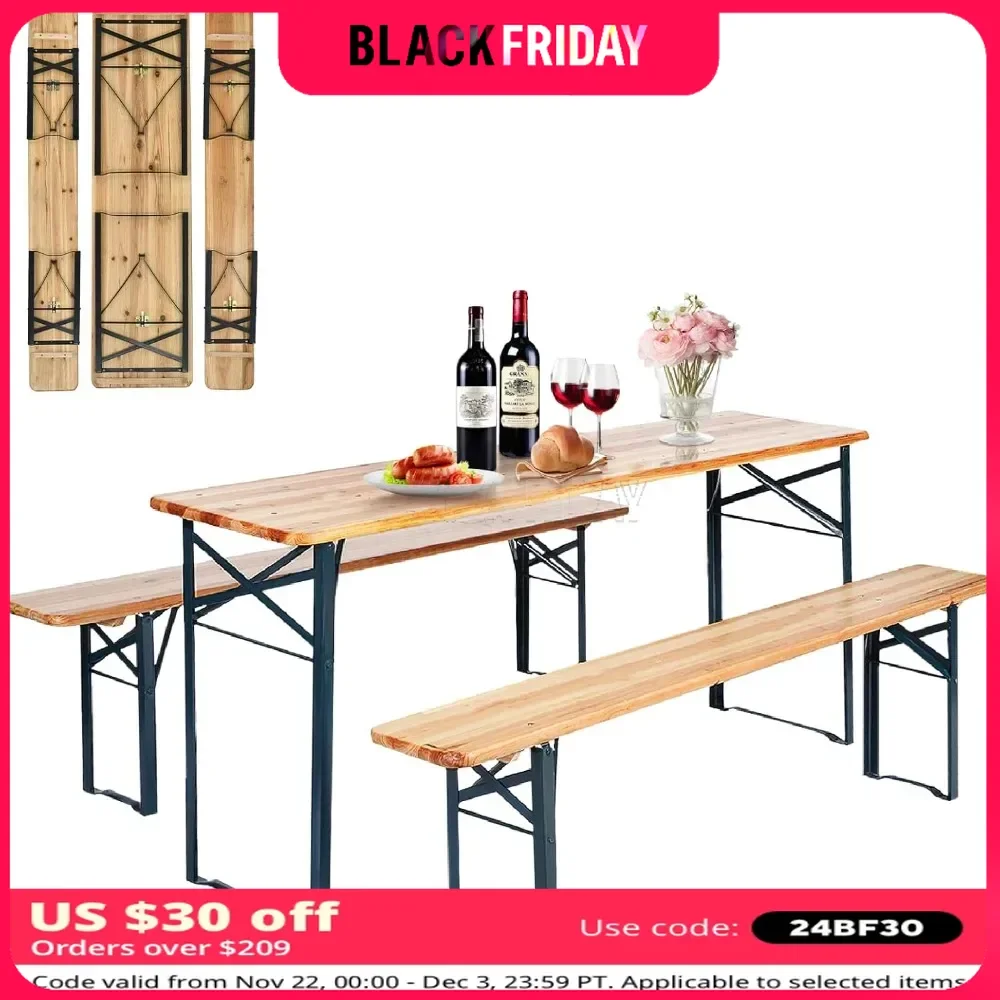 Folding Picnic Table Bench 3 Piece Set, Foldable Wood with 2 Benches with Heavy-Duty Metal Frame, Space-Saving Outdoor Tables