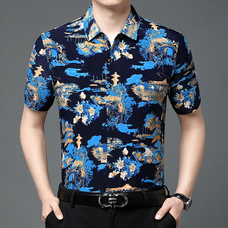 Printed shirt short sleeved Polo shirt 2024 men's business casual retro ethnic clothing Asian size M-4XL