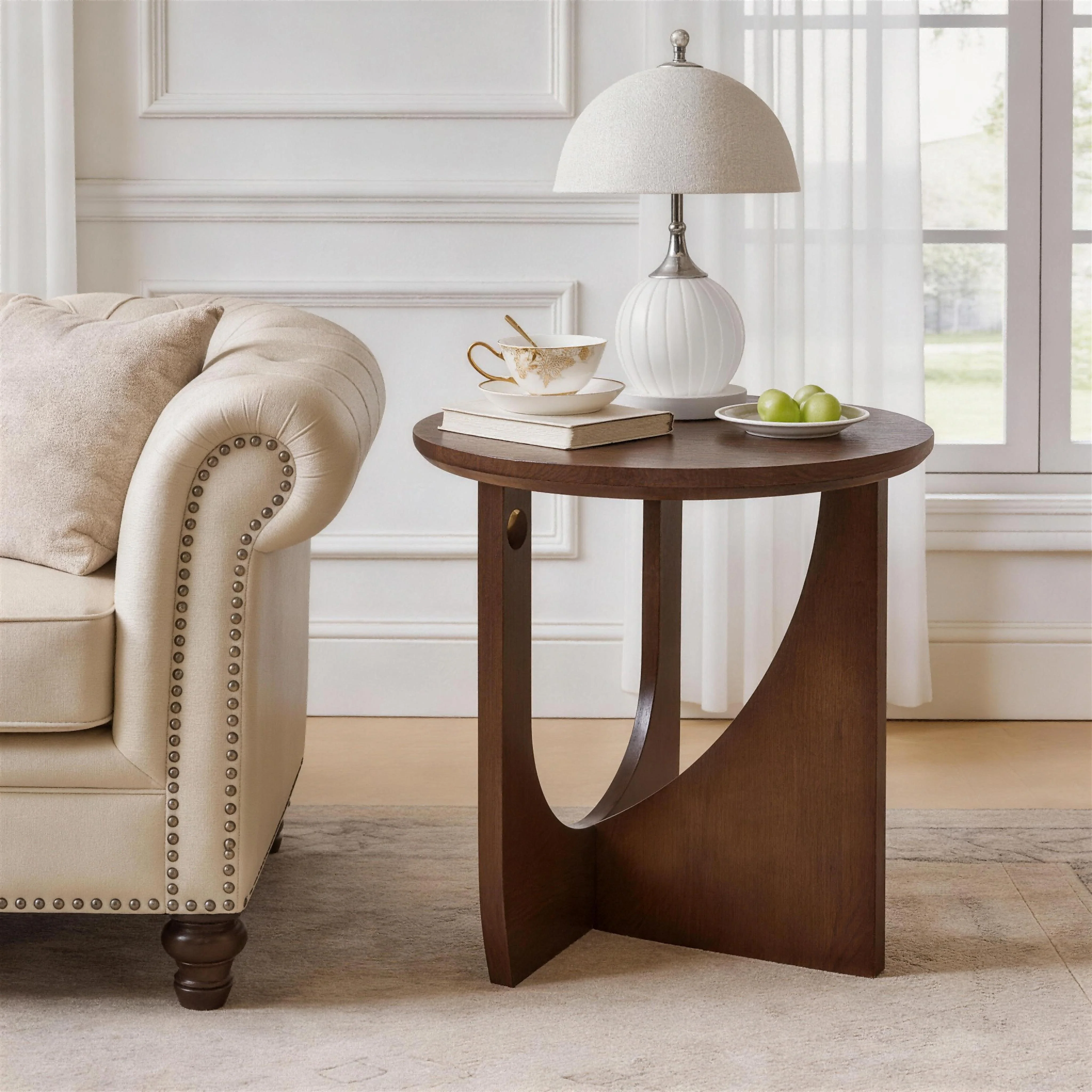 Solid Wood Accent Side Table, Walnut Finish Compact Round End Table for Living Room, Bedroom or Sofa Side