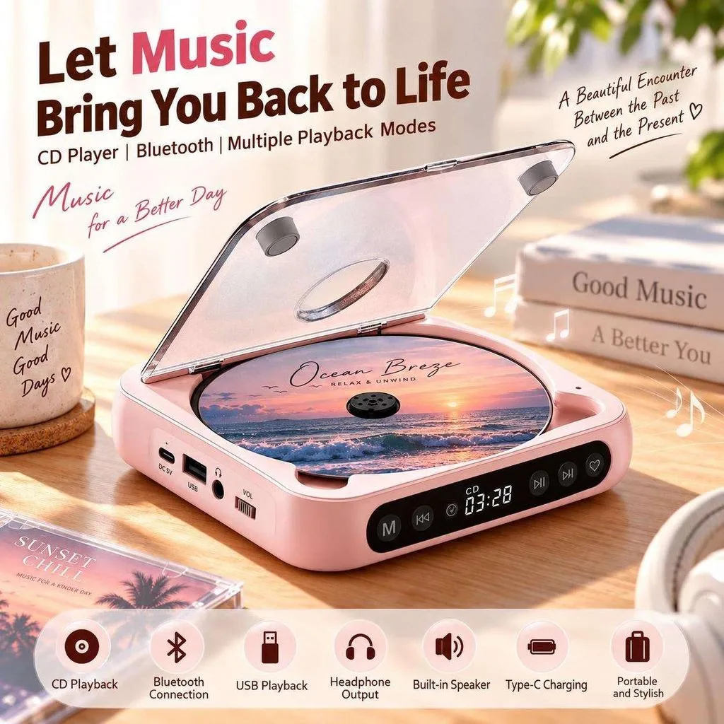 Lettore CD portatile con batteria integrata da 2000 mAh, Bluetooth, sistema antiurto, funzione di ripetizione A-B e riproduzione tramite USB, ideale per l’apprendimento e per ascoltare la musica.