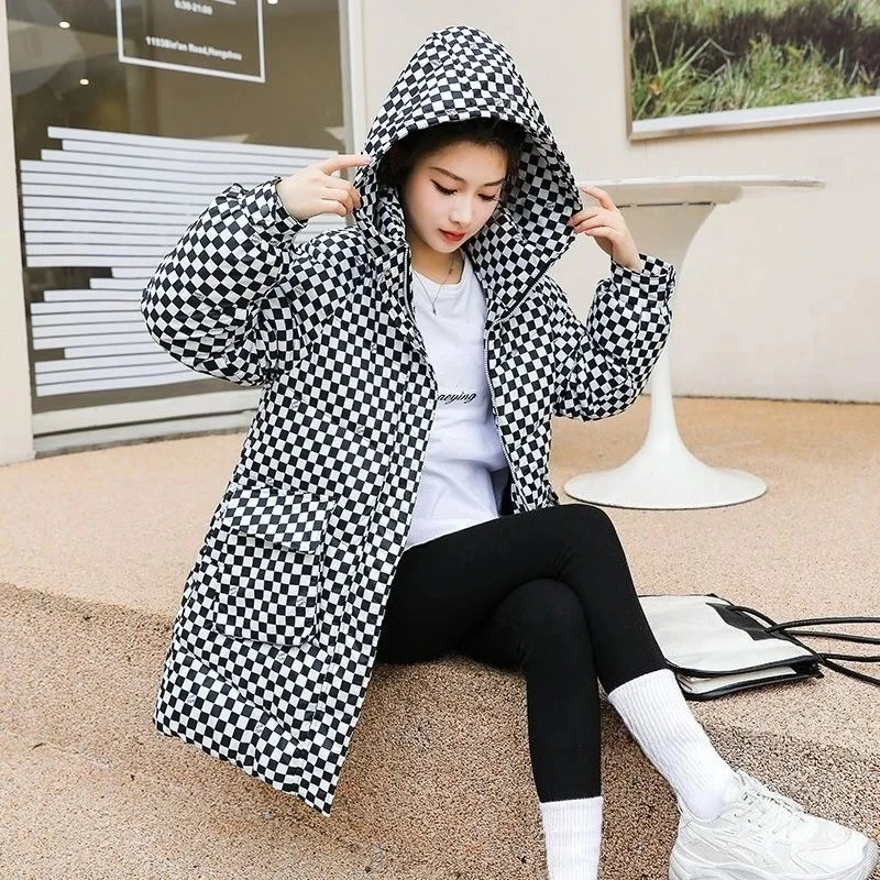 올웨더 체커보드 코트 여성용 2025 보온 후드 코튼 재킷 슬림핏 미디엄 길이 디자인