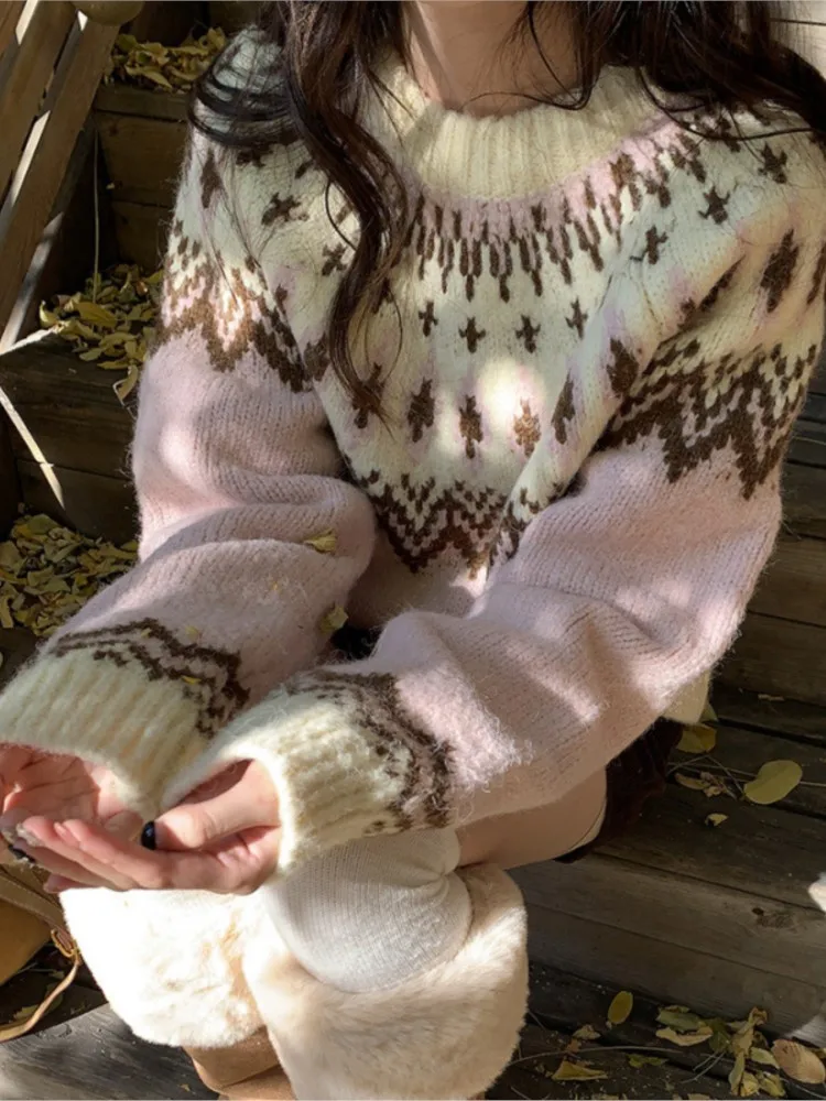 

Women's Jacquard Pullover Winter Clothes Woman Pulls Femmes All-match Loose Simple Style Sweater Comfortable Commuting Fashion