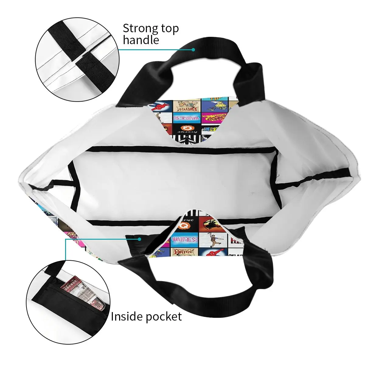 Broadway Musical Theatre Logos Handgezeichnete Einkaufstasche aus Segeltuch, große Kapazität, Umhängetasche, Shopper, Lebensmittelhandtasche für Damen