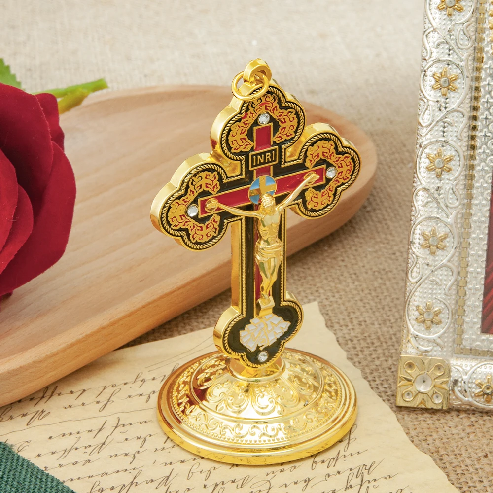 HT Gold Plated Jesus Crucifix Statue Cross Religion Metal Craft Prayer Gift Home Car Table Cross