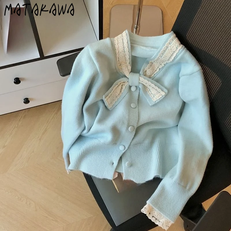 

Matakawa Sweet Lace Bows Woman Sweaters Autumn Winter Korean Fashion Warm Cardigans Vintage Thick Elegant Ropa De Mujer