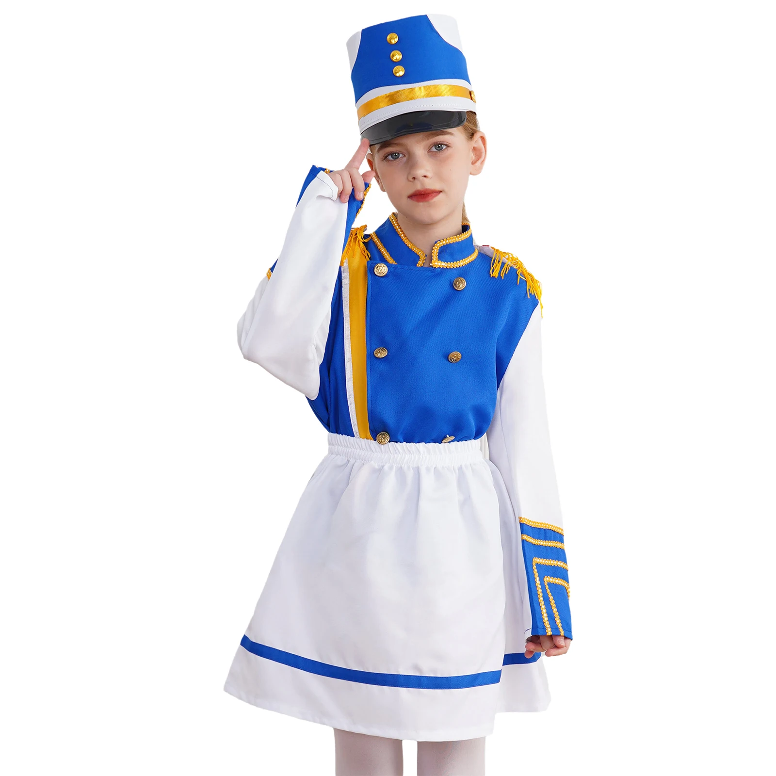 Girl Halloween Carnival Marching Band Drum Major Trumpet Flag Raising Honor Guard Parade Performance Costume Tops with Skirt Cap