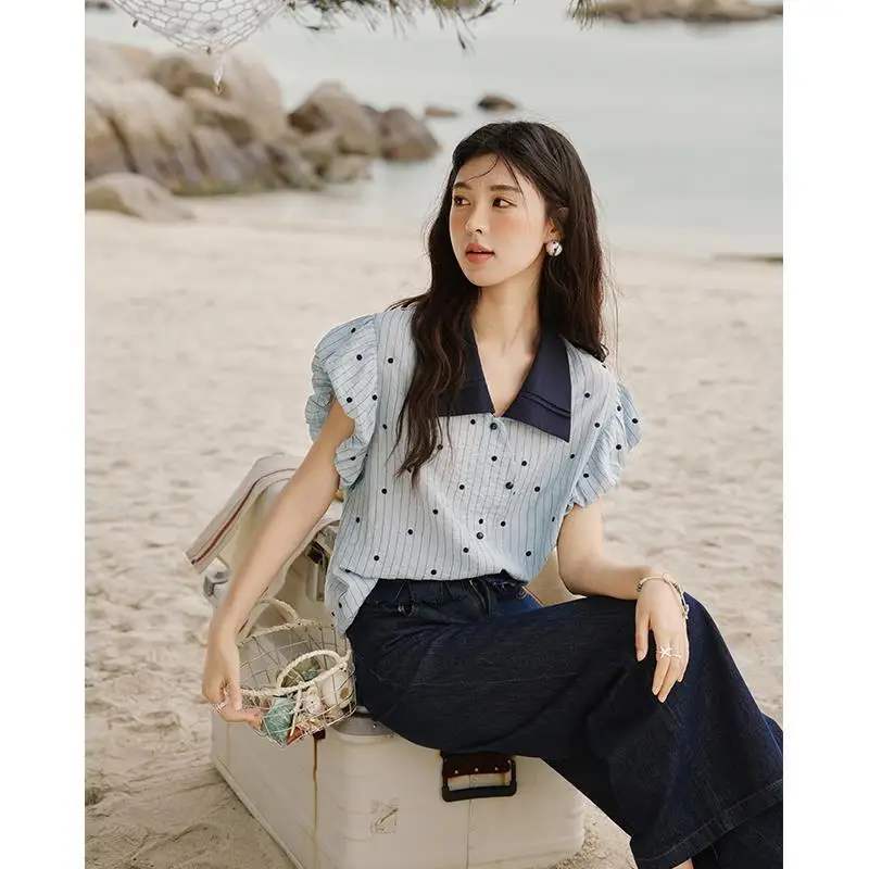Camicetta a maniche corte a pois da donna Nuovo top snellente stile estivo con design unico ed eleganza francese