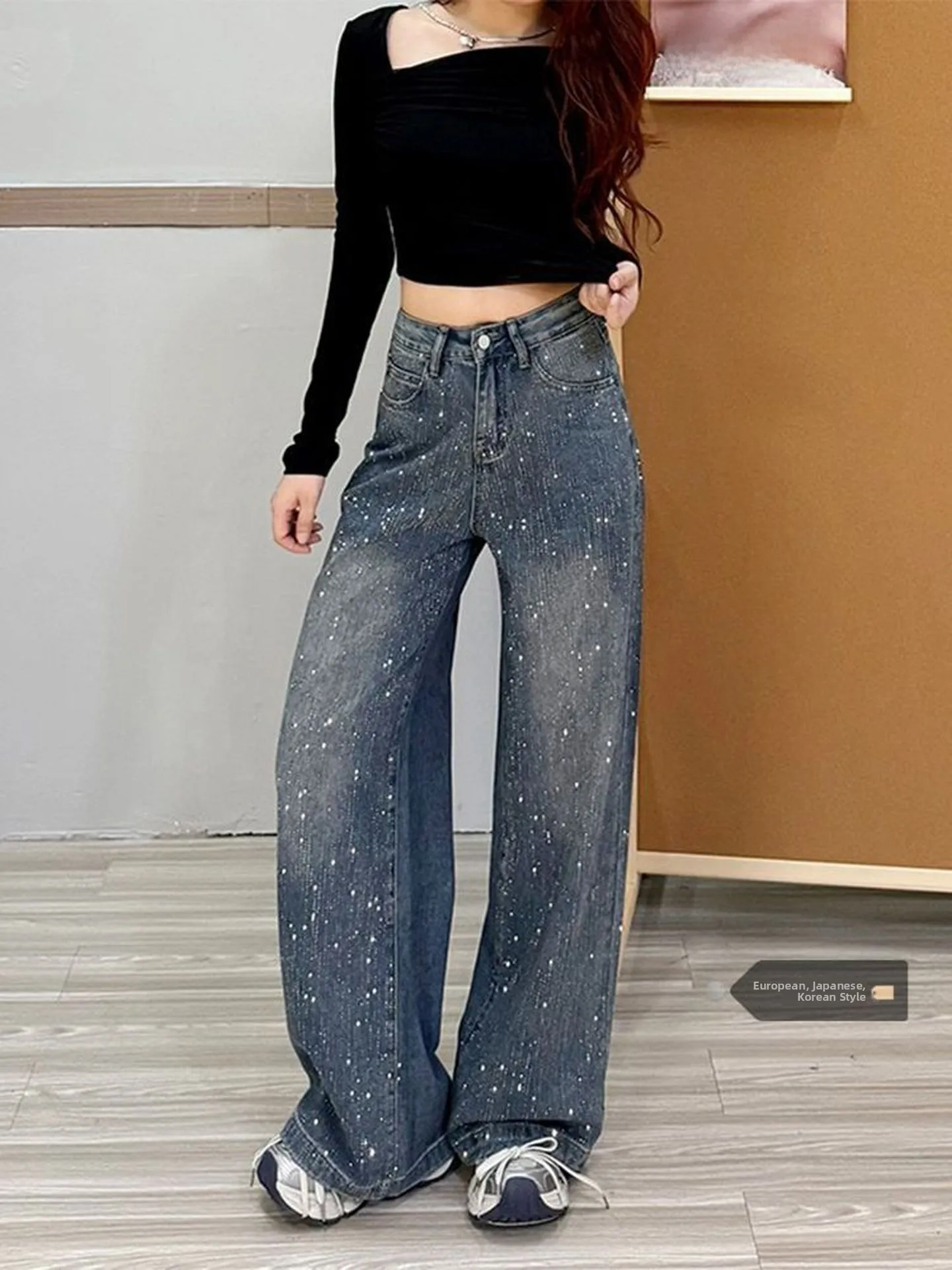 

Glittering Diamond Embellished Loose Wide Leg Jeans Women's Summer New Retro High Street Straight Cut Trousers Casual Denim