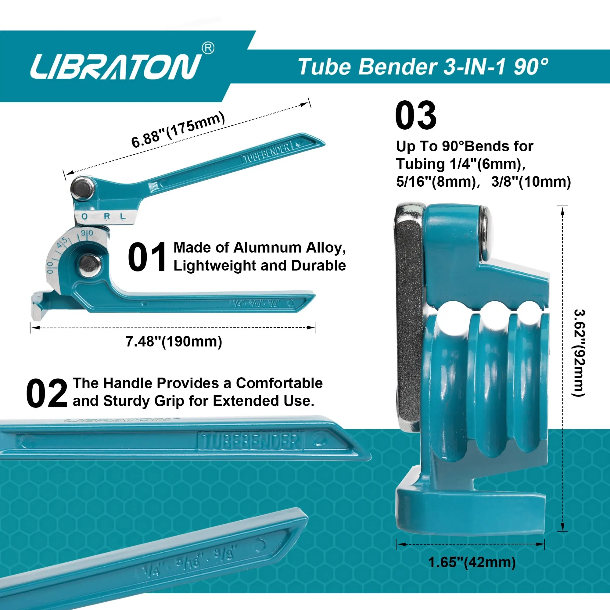 LIBRATON 미니 핸드 수동 튜빙 벤더, 구리 알루미늄 및 황동 파이프용, 90 도 3-in-1, 1/4 인치 (6mm) 5/16 인치 (8mm) 3/8 인치 (10mm)