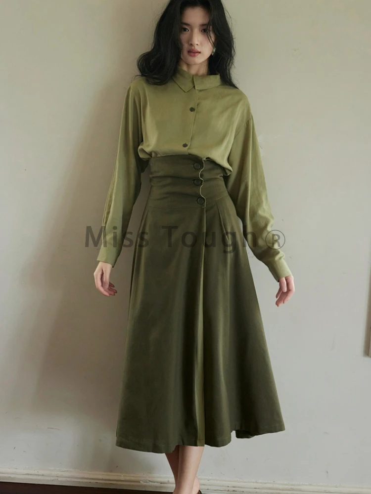 Autumn Green Harajuku Vintage 2 Piece Sets Woman Solid Design Blouse + High Waist Casual Skirt Female Button Chic Clothing 2024