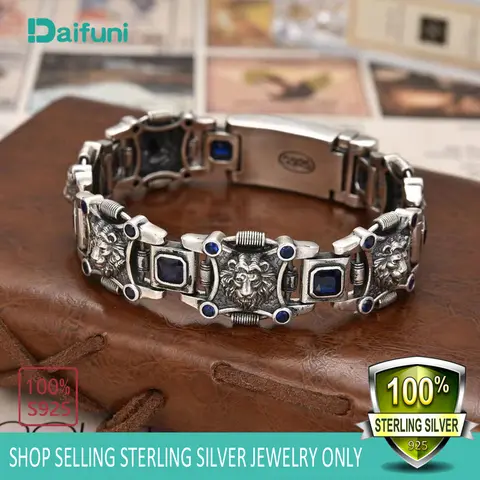 Daifuni S925 Sterling Silver 18MM Spanish Style Lion Design Bracelet for Mens Sideways Hip-Hop Rock Fashion Jewelry Party Gift
