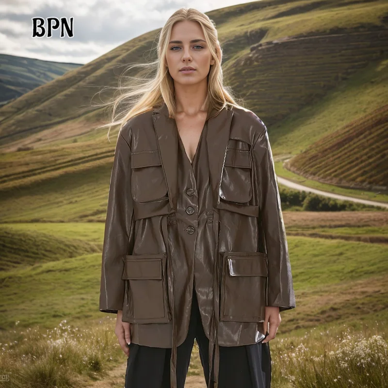 

BPN Streetwear Patchwork Pockets Jackets For Women V Neck Long Sleeve Spliced Single Breasted Soild Coats Female Clothing Style