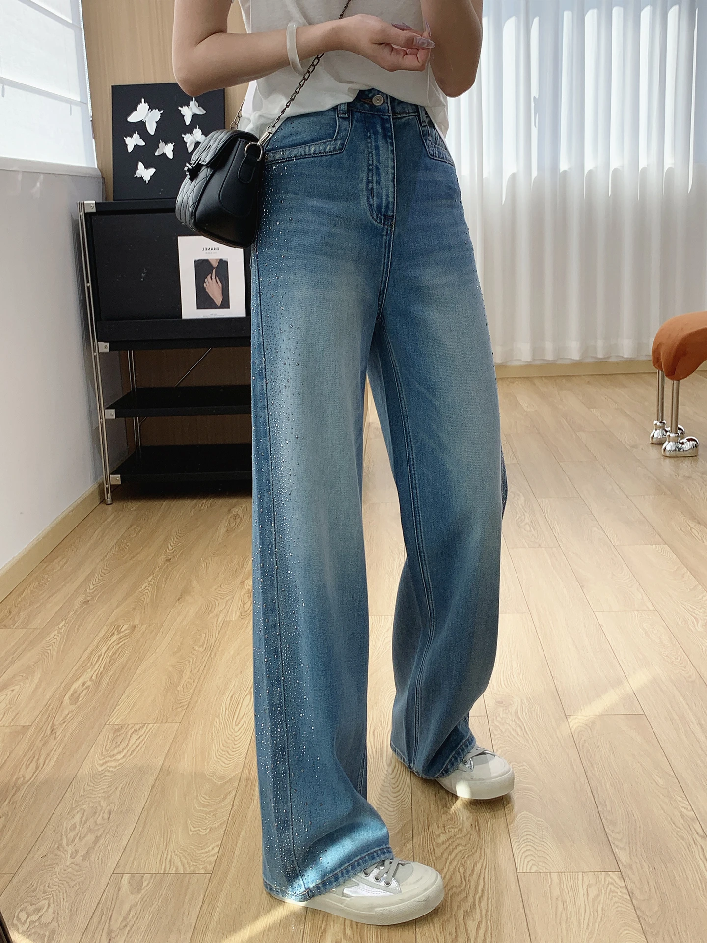 

Lace High Waist Slimming Straight Leg Jeans Women's Spring Loose Wide Leg Pants Star Rhinestone Cotton Blend Zipper Fly