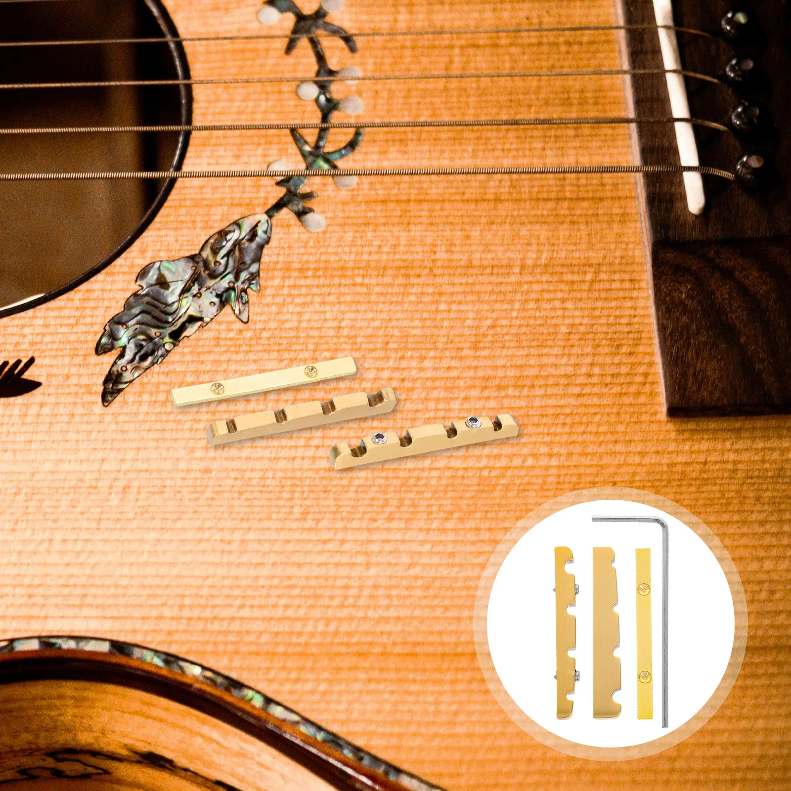 

1Set Bass Guitar Brass Nut 38mm Adjustable Curved Flat Bottom Precision Slot String Tree for Electric 4-String Instrument Parts