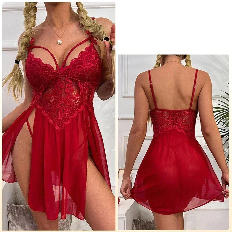 Lencería Sexy para mujer, vestido de encaje, ropa interior de talla grande, ropa de dormir sin entrepierna, disfraz de peluche porno transparente, picardías, ropa de dormir de verano