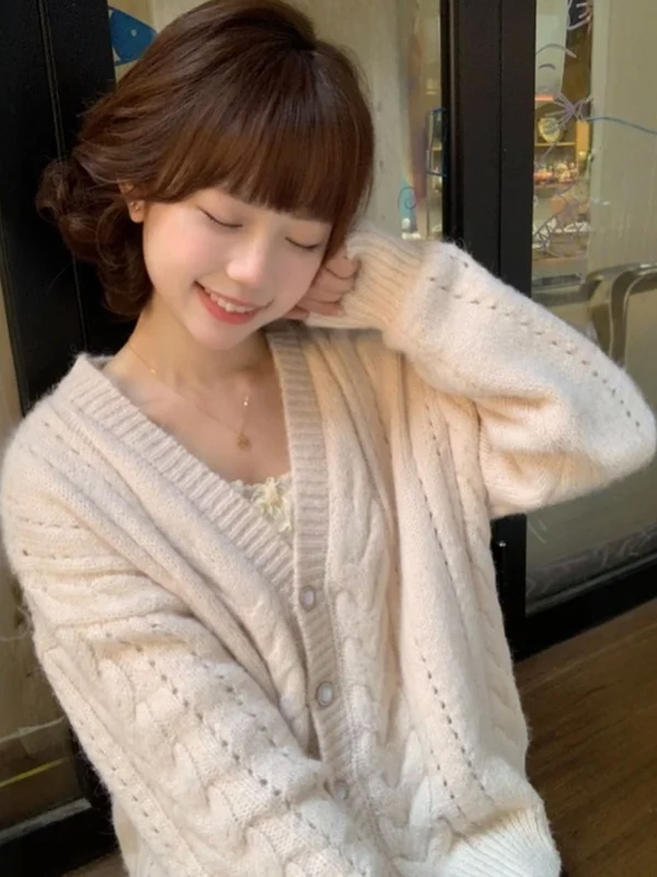 

Модный вязаный свитер свободного кроя с V-образным вырезом, теплый зимний топ с длинными рукавами, женская термоодежда