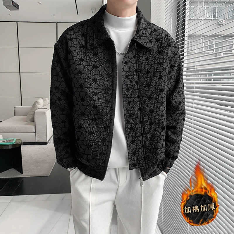 2022 Winter Jacquard Jackets Men Korean Fashion Casual Business Coats Lapel Thicken Keep Warm Parkas Social Streetwear Outwear