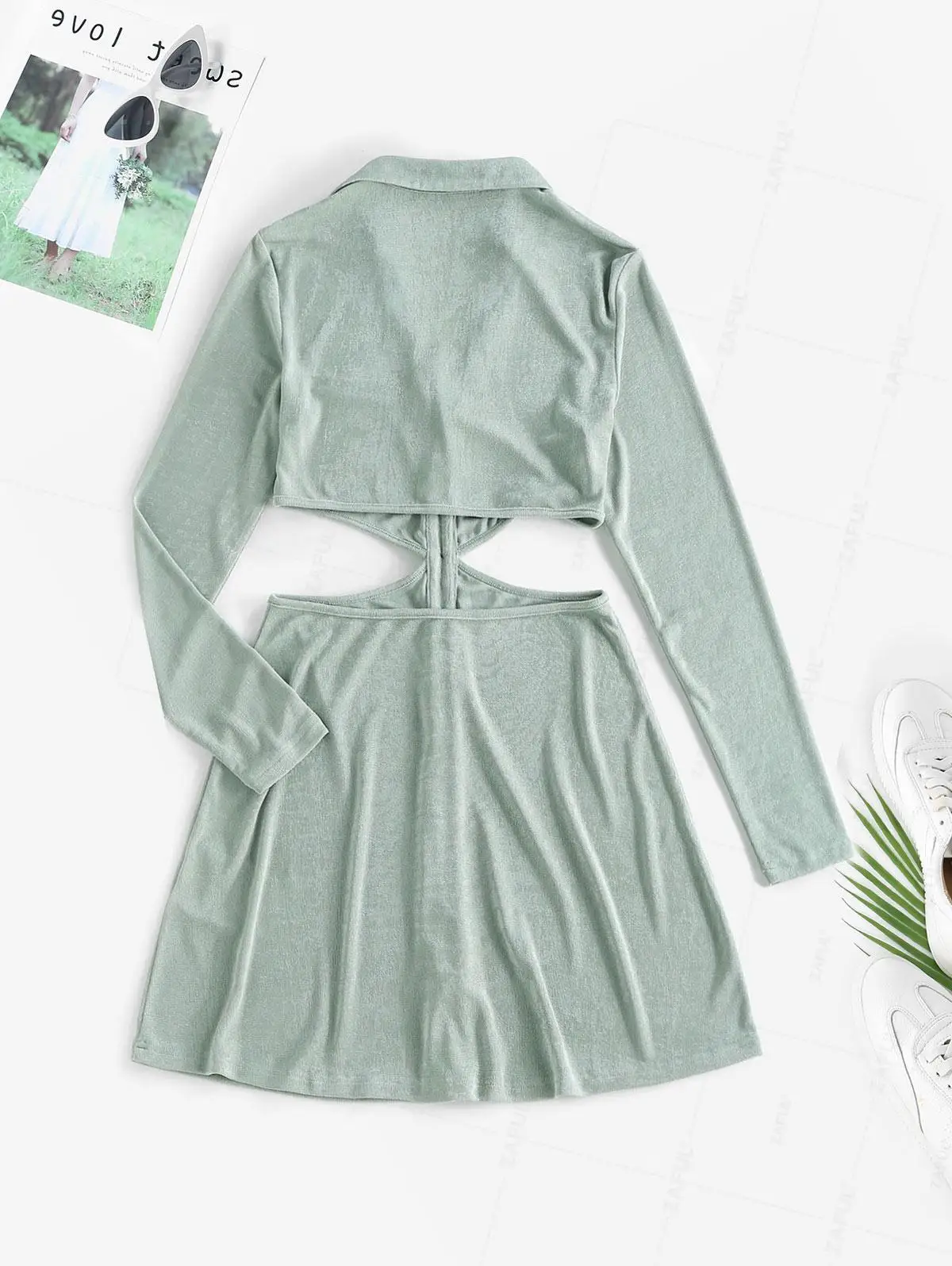 ZAFUL Cutout Jersey Button Front Long Sleeve Dress