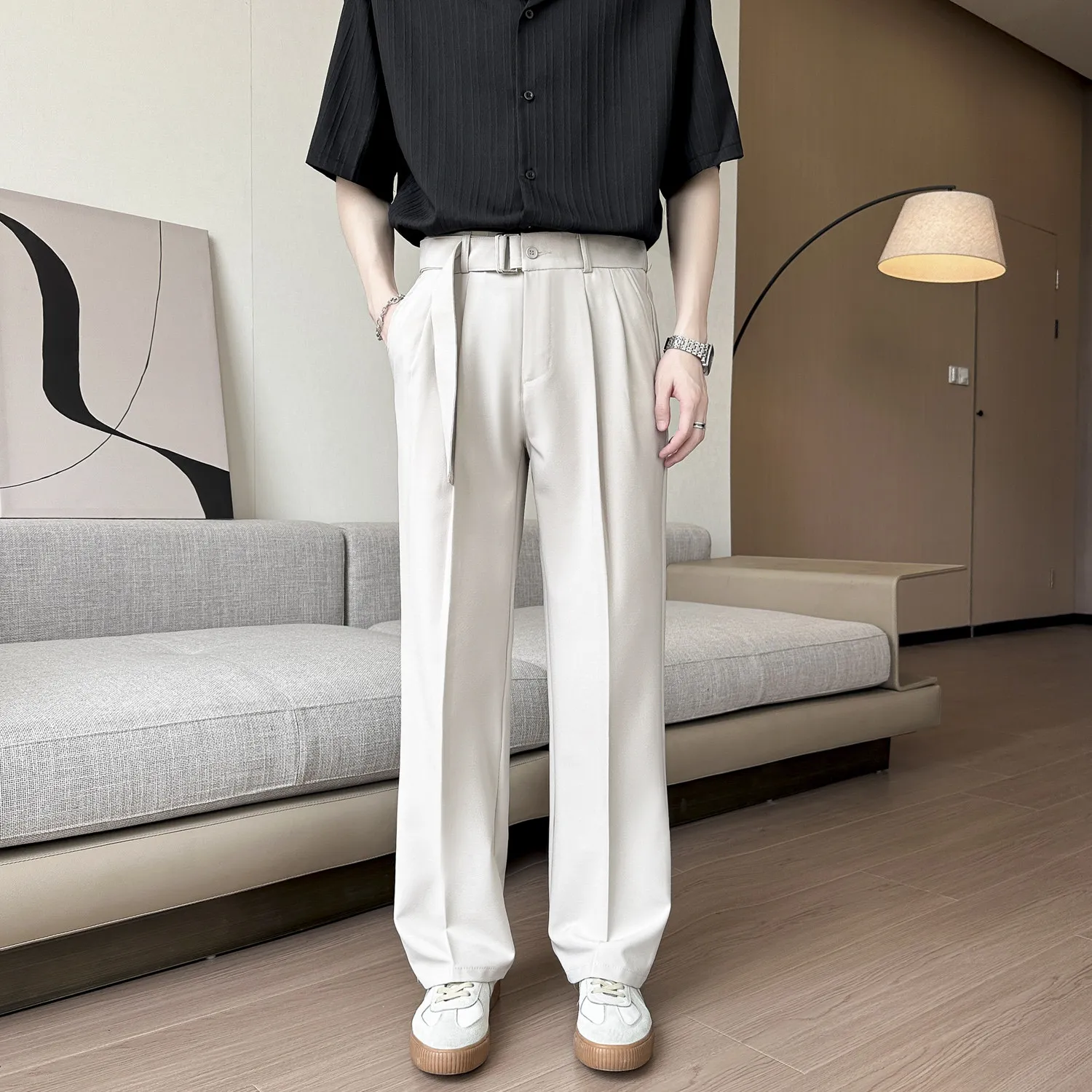 Spring Summer Straight Leg Suit Pants For Men Korean Casual Fashion Simple Ice Silk Anti Wrinkle Male Pleated Commuting Trousers