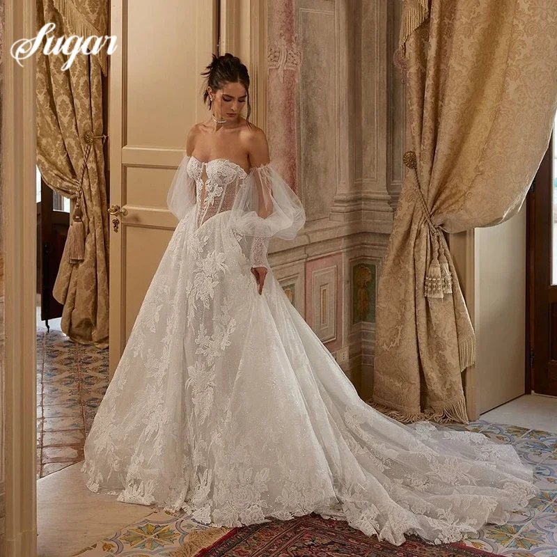 

A-Line Wedding Dresses Off Shoulder Sweetheart Puff Sleeve Applique Bridal Dress Backless Wedding Princess Prom Gowns Customized