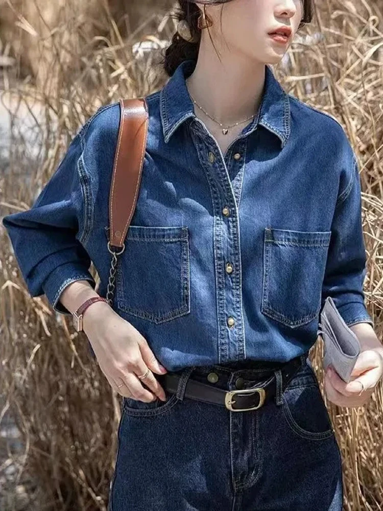 

Retro Blue Denim Shirt Women Casual Lapel Pure Cotton Long Sleeve Jeans Shirts Autumn Streetwear Simple Pocket Lady Blouse Tops