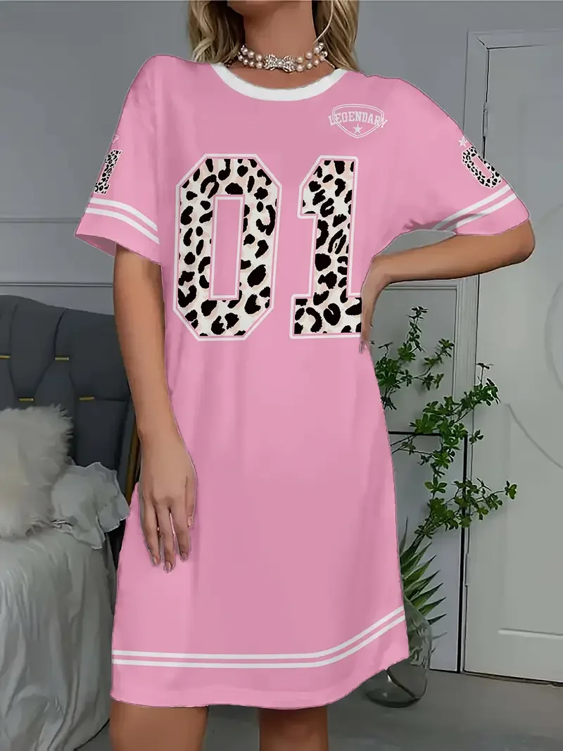 Summer Women T-Shirt Dress Plus Size Casual Leopard NO.23 Printed Lady Short Sleeve Pullover Dresses Women Clothing